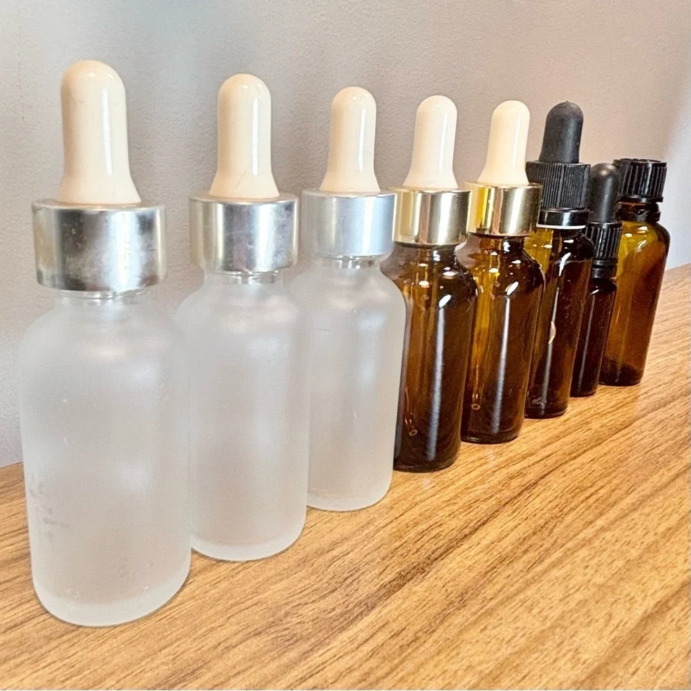 Set of 8 Empty Amber and Frosted Glass Dropper Bottles, [Various Sizes]